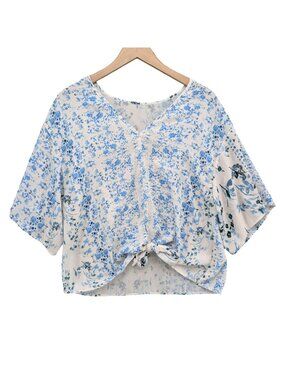 lovestitch Blue and White Floral Knot-Front Blouse